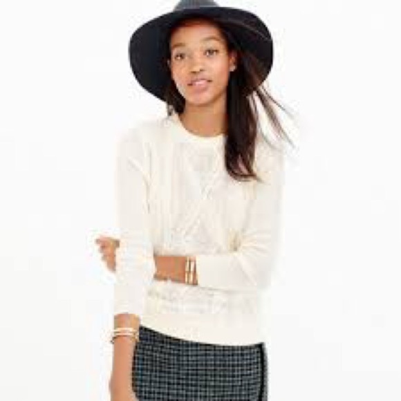 J.CREW Sweater Merino Wool Cream Long Sleeve Cable Knit Fringe Crew Neck Small - Picture 1 of 9